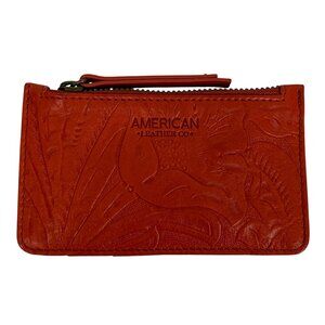 American Leather Co Portland Card Wallet Red Embossed Floral Leather EUC